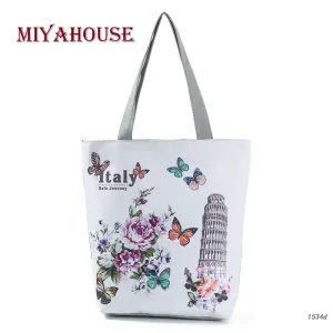 Vintage Tower Design Shoulder Bags Women Summer Floral Beach Bags For Female Single