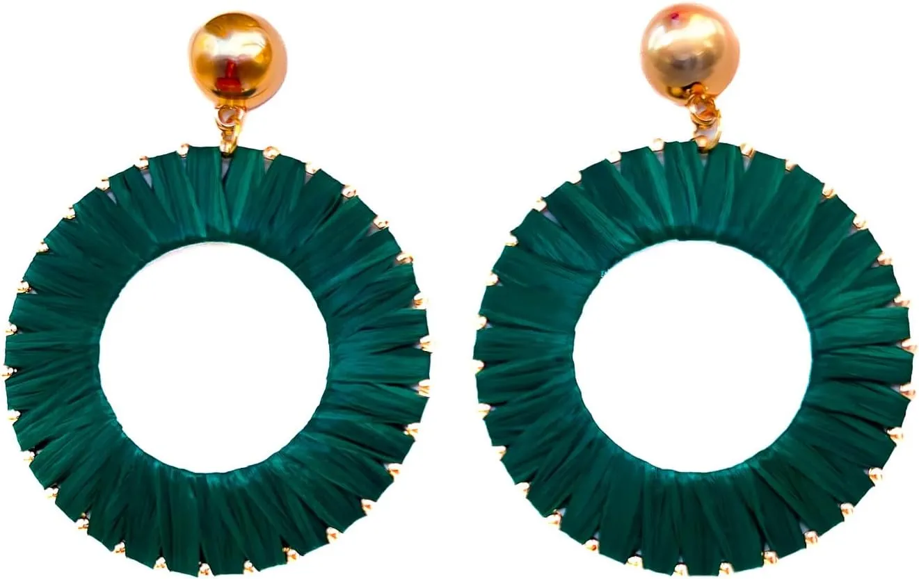 Viva Joya Boho Raffia Round Drop Dangle Earrings for Women, Beach Statement Lightweight Handmade Woven Jewelry