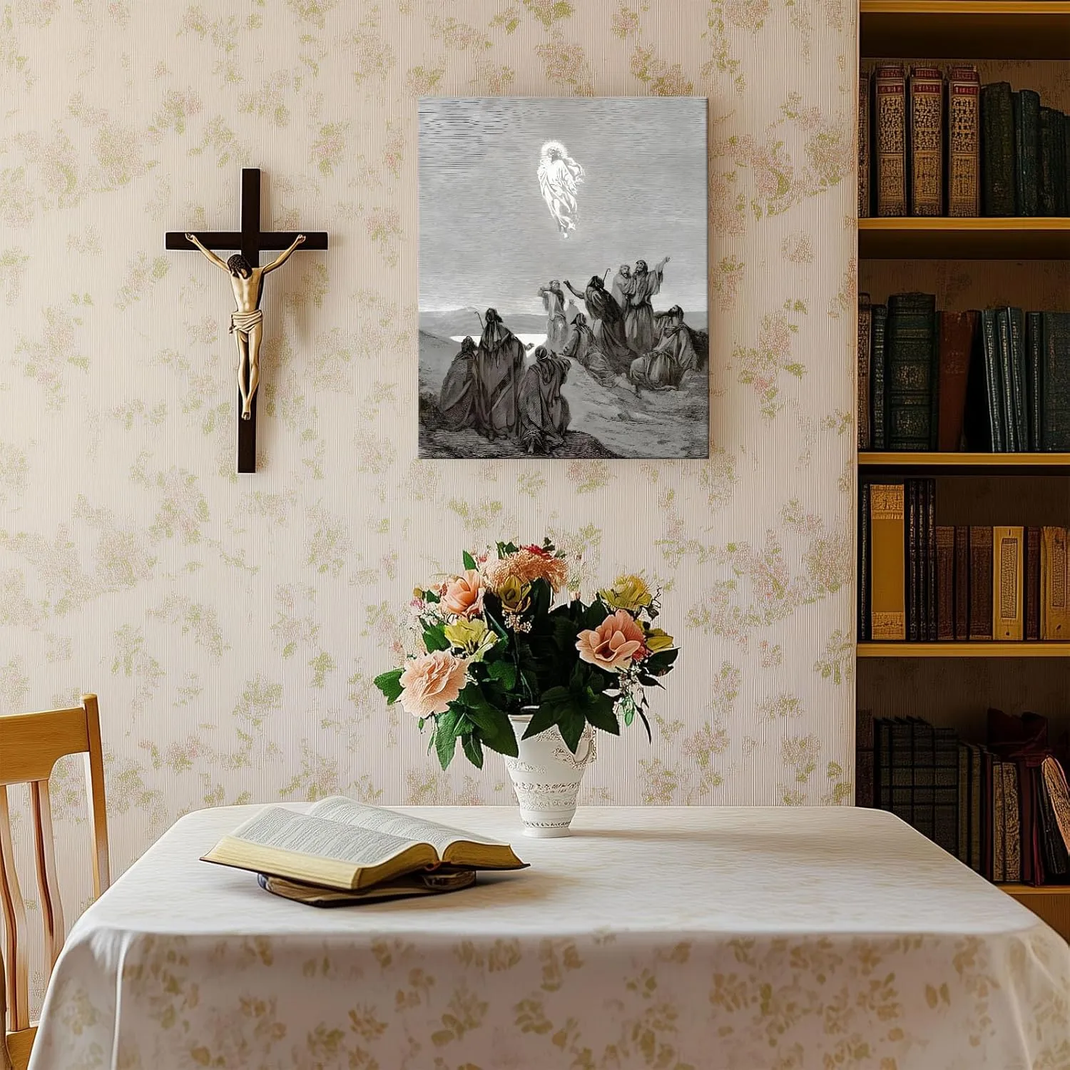 VYPEROCK Sacred Framed Canvas Wall Art Classic Decor Jesus Ascending with Disciples Poster Prints Engraved Oil Painting Antique Artwork for Praying Room Chapel Study Wall Home Decoration, 8x10inch