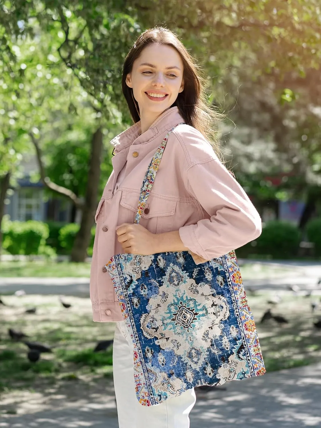 Watbro 2Pcs Antique Ethnic Canvas Tote Bag & Make Up Bag Aesthetic for Women,Boho Vintage Reusable Cloth Cotton Bags