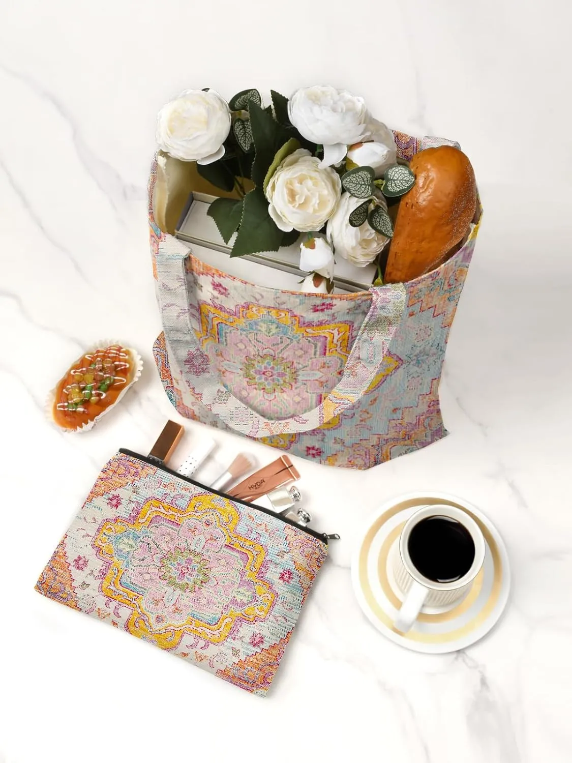 Watbro 2Pcs Antique Ethnic Canvas Tote Bag & Make Up Bag Aesthetic for Women,Boho Vintage Reusable Cloth Cotton Bags