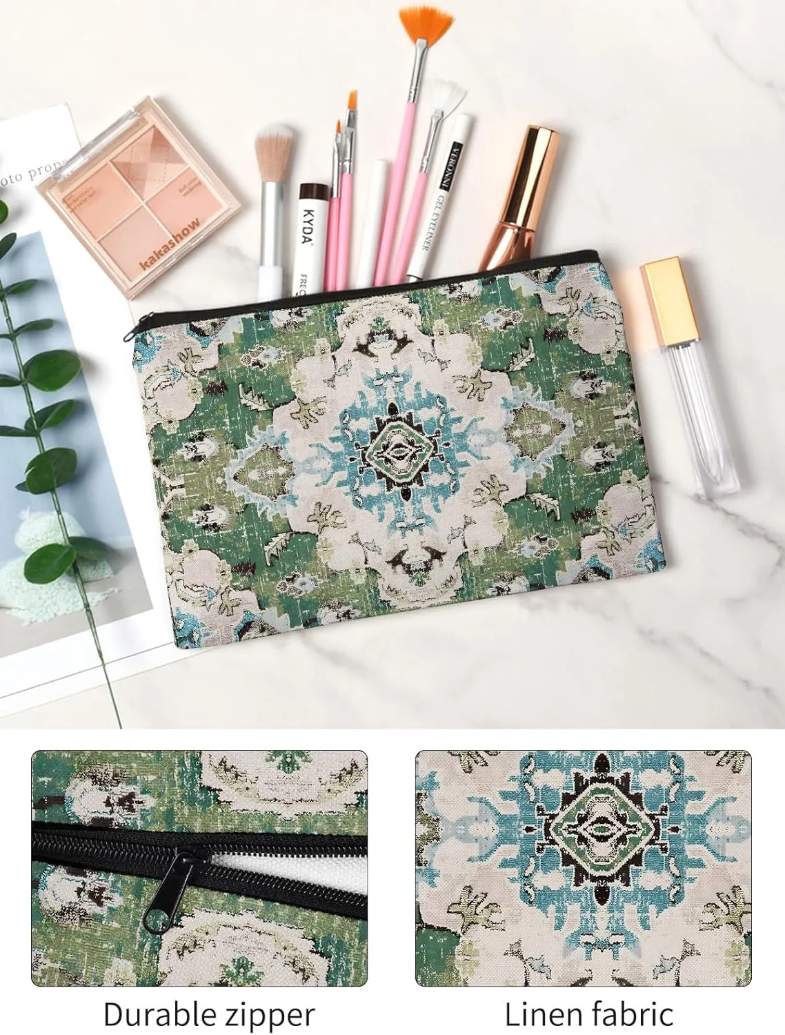 Watbro 2Pcs Antique Ethnic Canvas Tote Bag & Make Up Bag Aesthetic for Women,Boho Vintage Reusable Cloth Cotton Bags