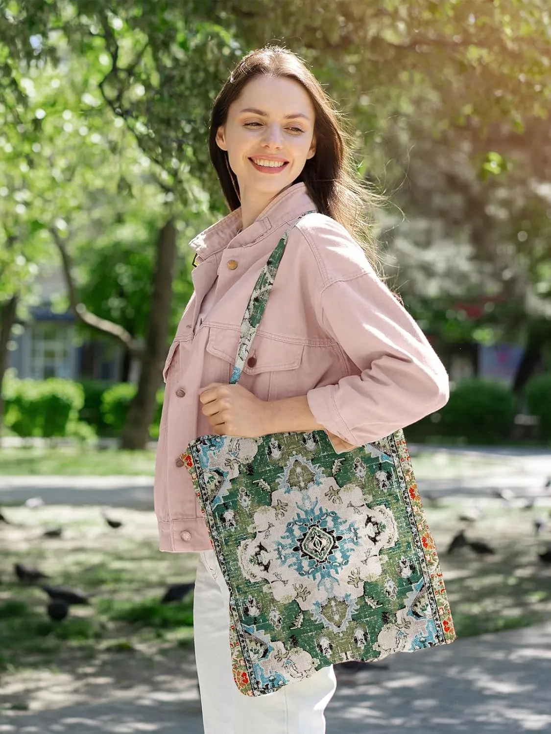 Watbro 2Pcs Antique Ethnic Canvas Tote Bag & Make Up Bag Aesthetic for Women,Boho Vintage Reusable Cloth Cotton Bags