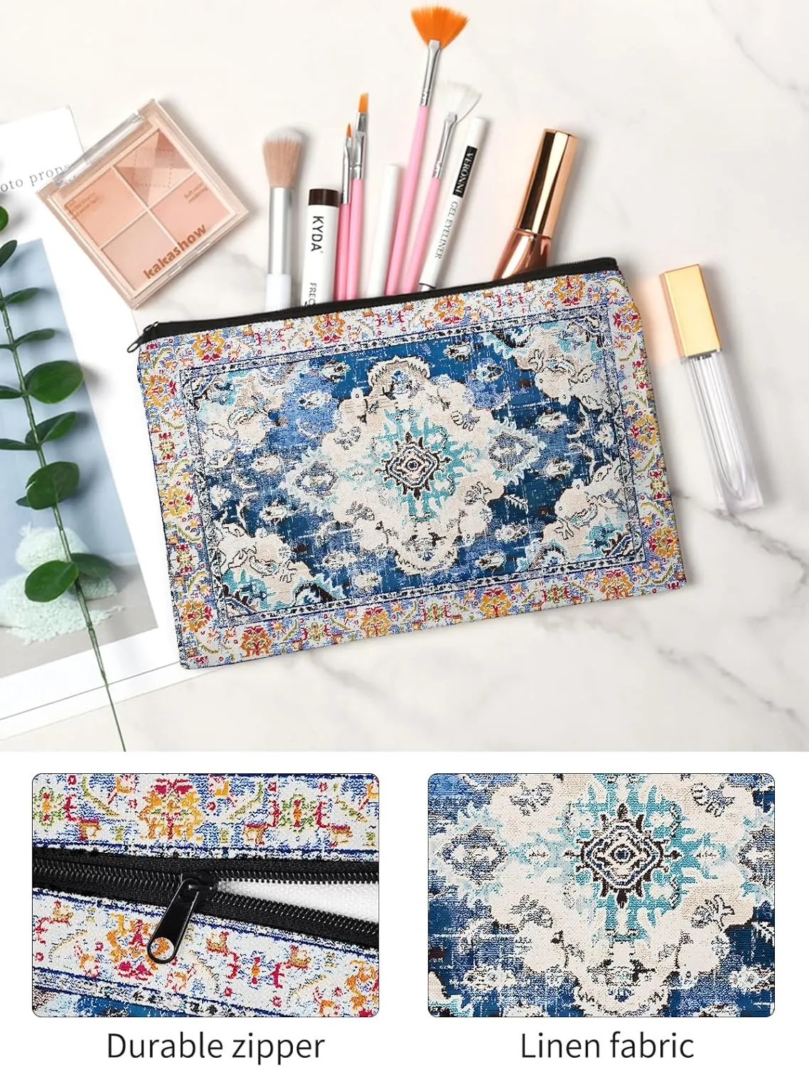 Watbro 2Pcs Antique Ethnic Canvas Tote Bag & Make Up Bag Aesthetic for Women,Boho Vintage Reusable Cloth Cotton Bags