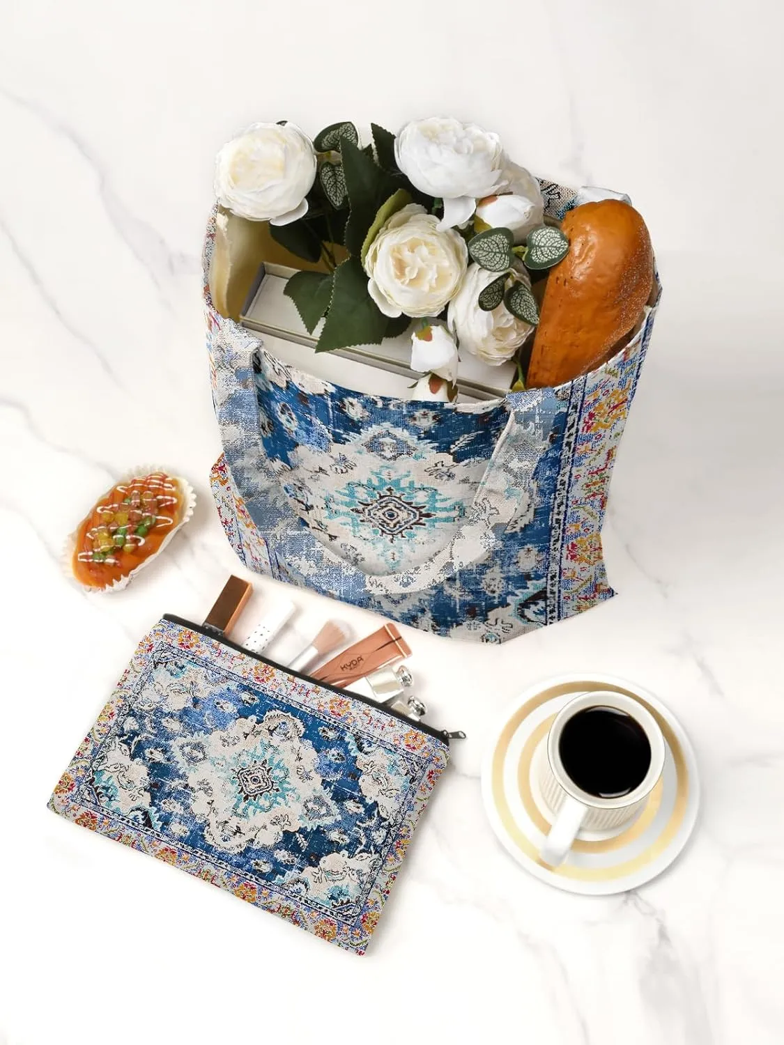 Watbro 2Pcs Antique Ethnic Canvas Tote Bag & Make Up Bag Aesthetic for Women,Boho Vintage Reusable Cloth Cotton Bags
