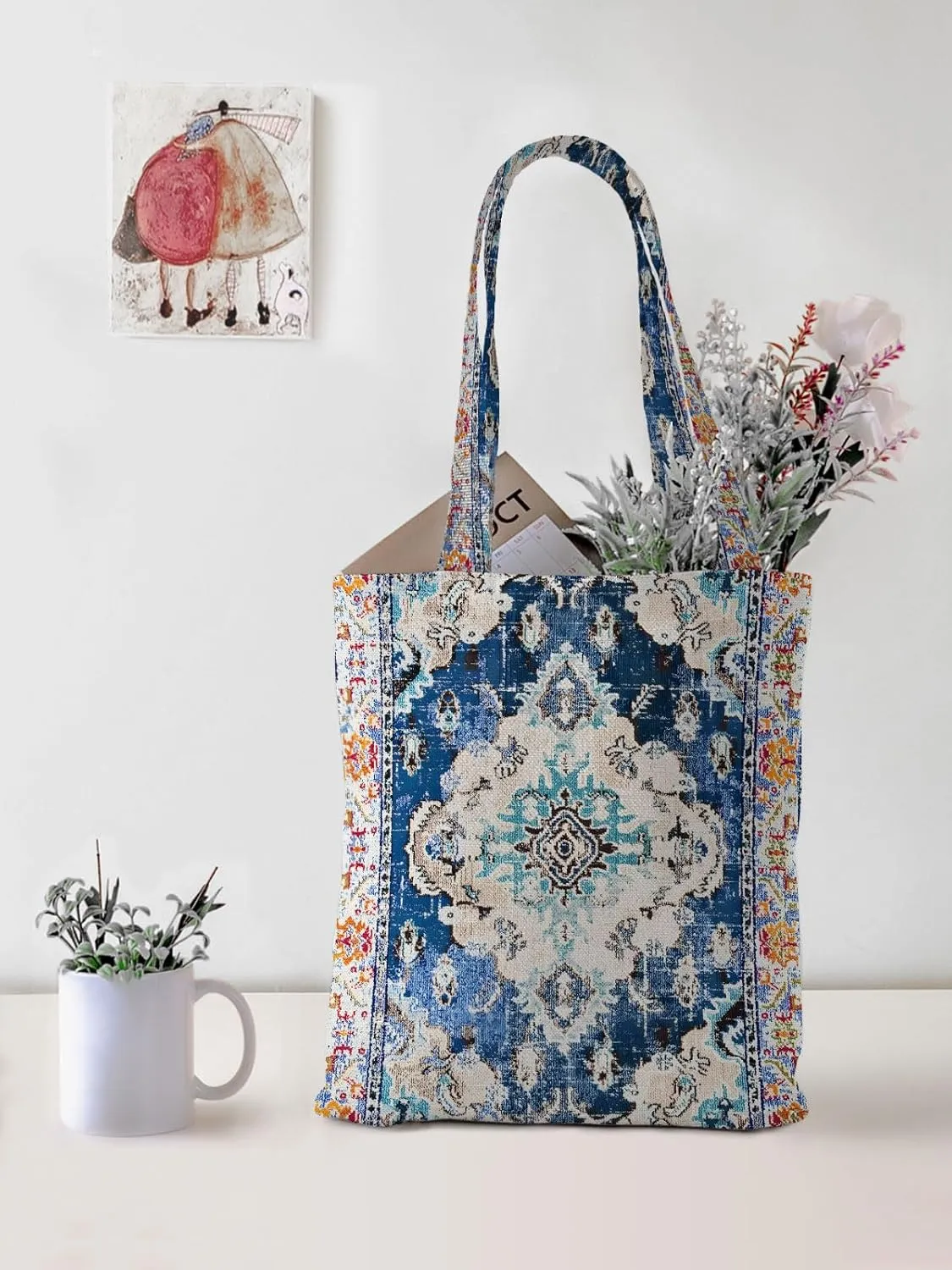 Watbro 2Pcs Antique Ethnic Canvas Tote Bag & Make Up Bag Aesthetic for Women,Boho Vintage Reusable Cloth Cotton Bags