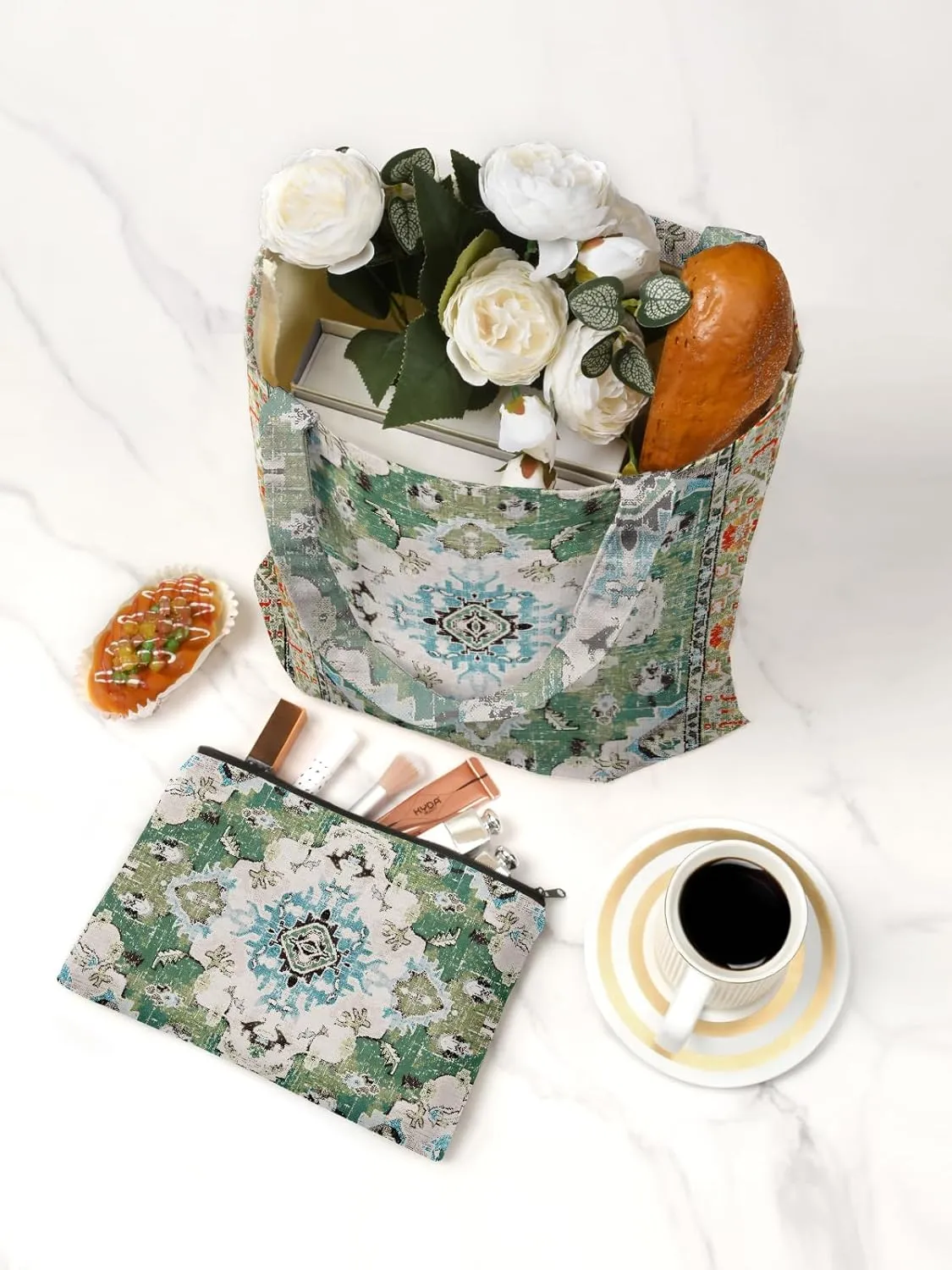 Watbro 2Pcs Antique Ethnic Canvas Tote Bag & Make Up Bag Aesthetic for Women,Boho Vintage Reusable Cloth Cotton Bags