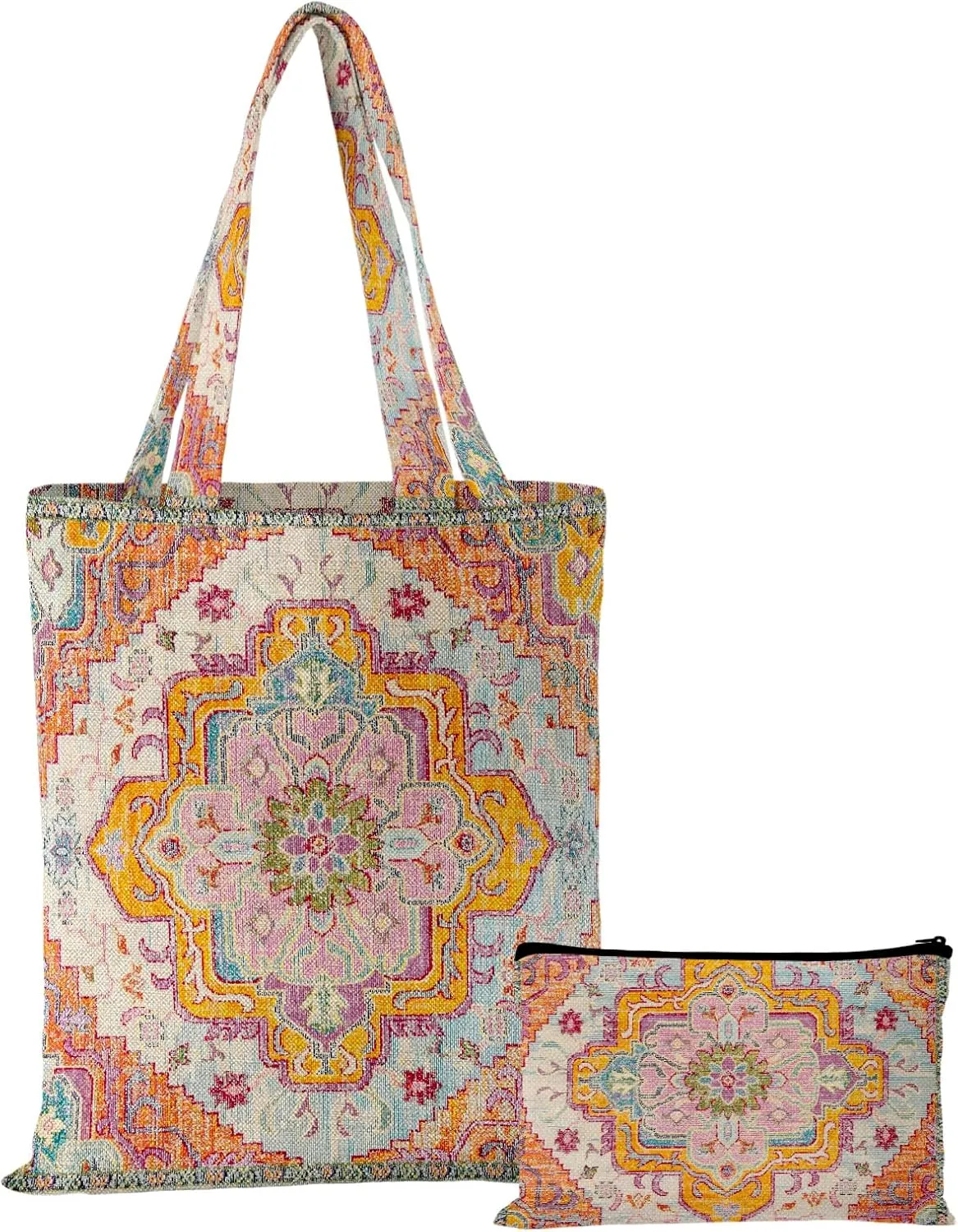 Watbro 2Pcs Antique Ethnic Canvas Tote Bag & Make Up Bag Aesthetic for Women,Boho Vintage Reusable Cloth Cotton Bags