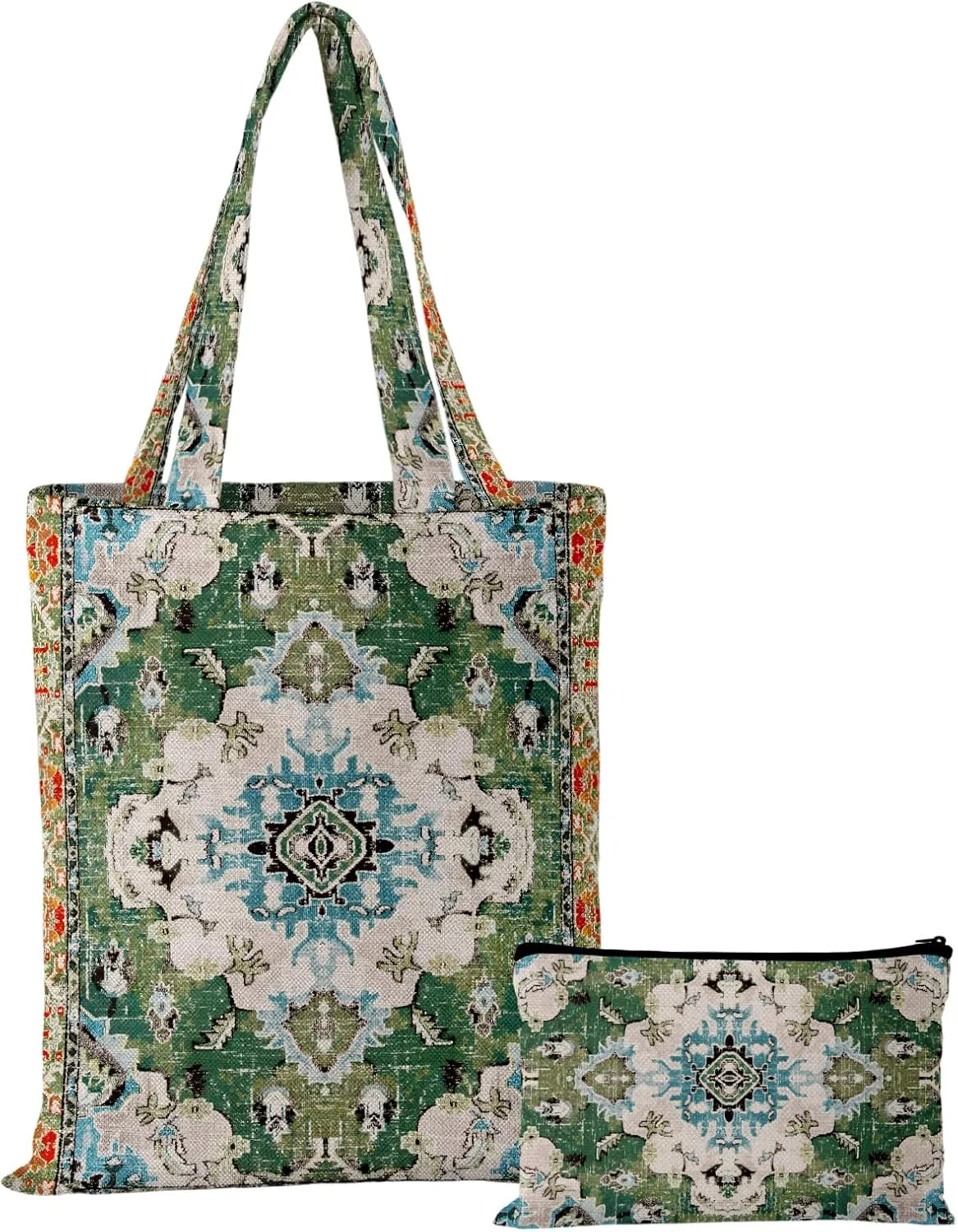 Watbro 2Pcs Antique Ethnic Canvas Tote Bag & Make Up Bag Aesthetic for Women,Boho Vintage Reusable Cloth Cotton Bags