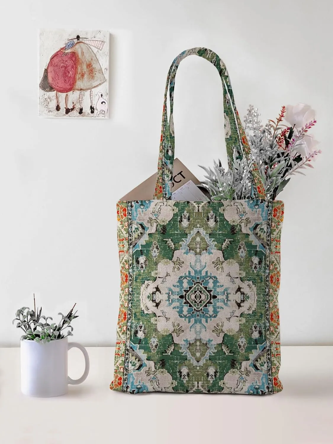 Watbro 2Pcs Antique Ethnic Canvas Tote Bag & Make Up Bag Aesthetic for Women,Boho Vintage Reusable Cloth Cotton Bags