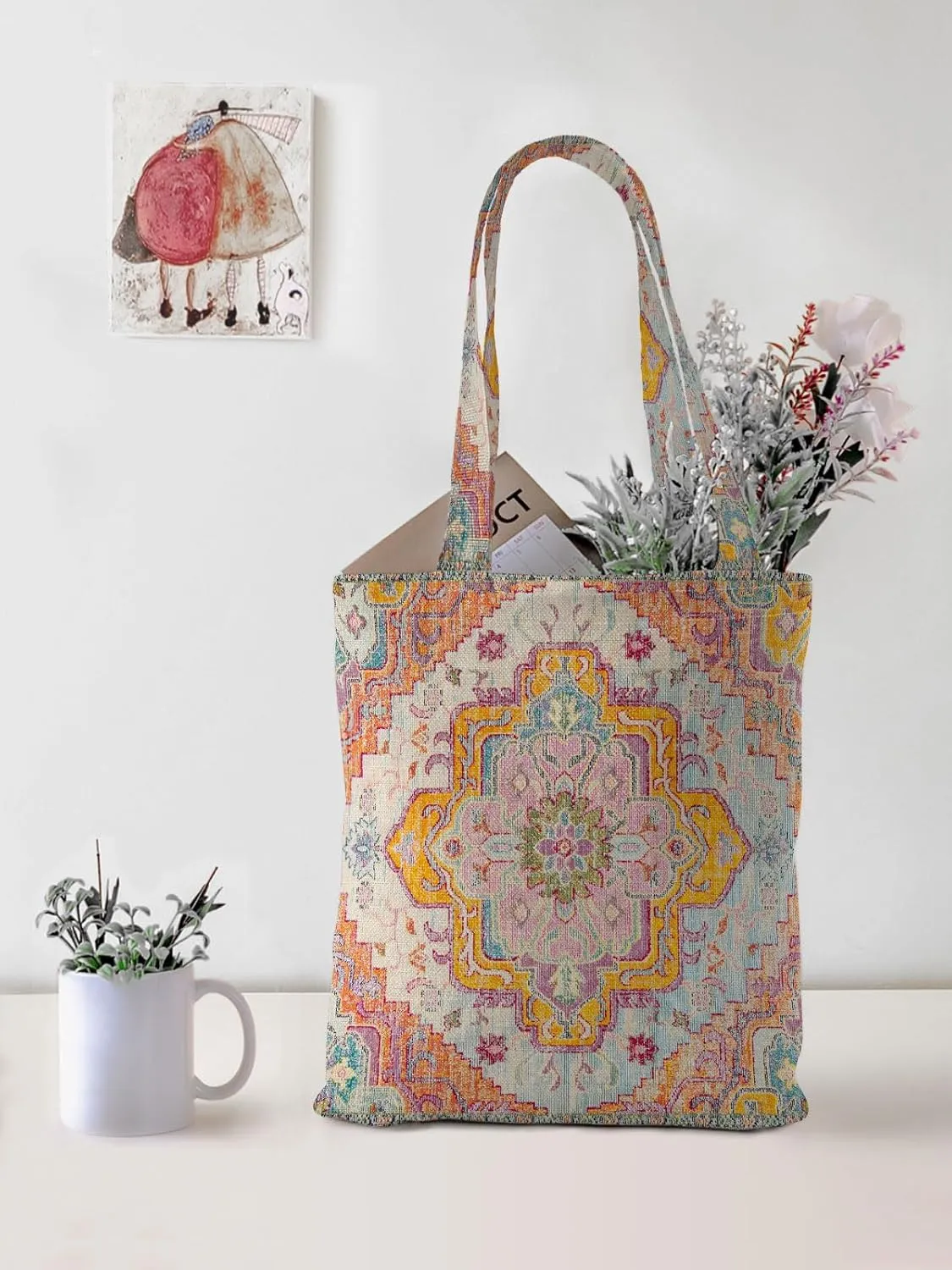 Watbro 2Pcs Antique Ethnic Canvas Tote Bag & Make Up Bag Aesthetic for Women,Boho Vintage Reusable Cloth Cotton Bags
