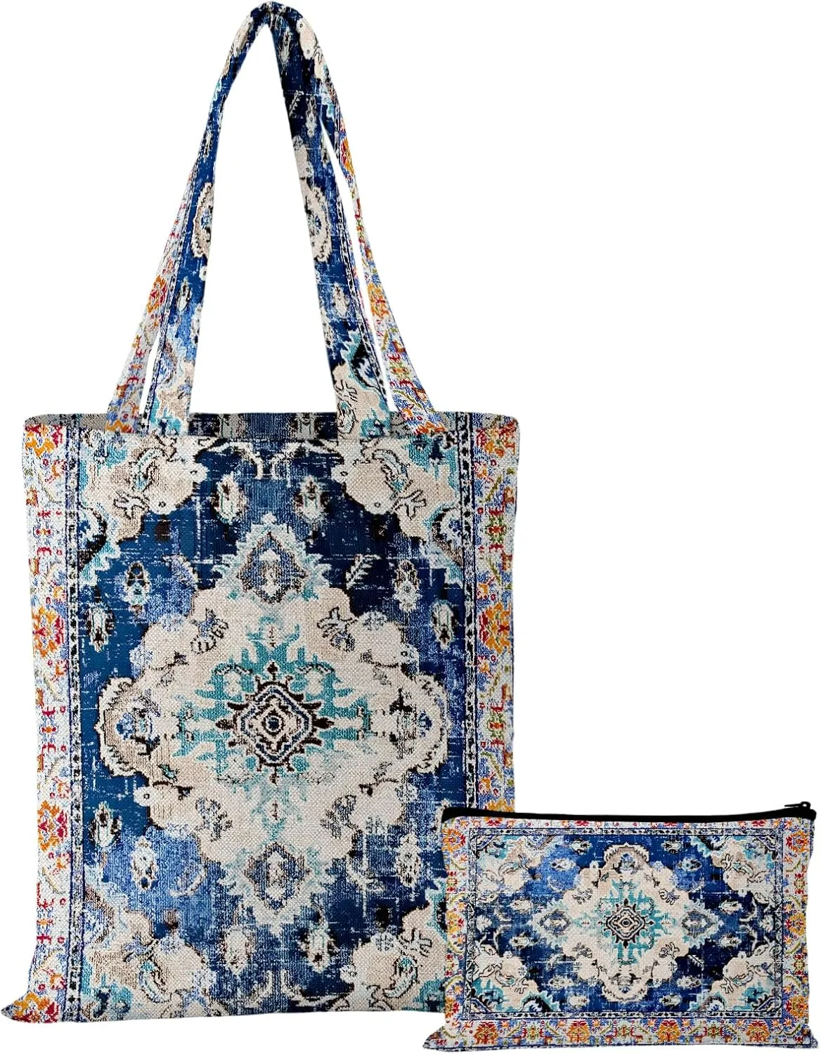 Watbro 2Pcs Antique Ethnic Canvas Tote Bag & Make Up Bag Aesthetic for Women,Boho Vintage Reusable Cloth Cotton Bags