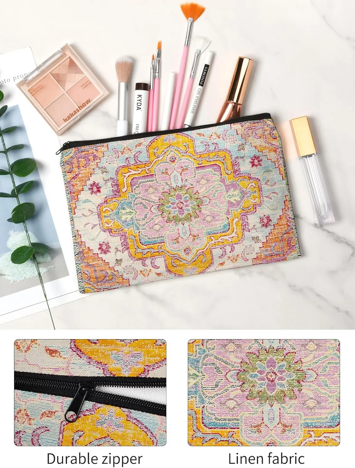 Watbro 2Pcs Antique Ethnic Canvas Tote Bag & Make Up Bag Aesthetic for Women,Boho Vintage Reusable Cloth Cotton Bags