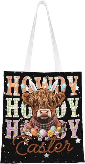 Watercolor Colorful Jigsaw Highland Cow Tote Bag Reusable Shoulder Tote Bag For Women Lady Vacation, Shopping, Work