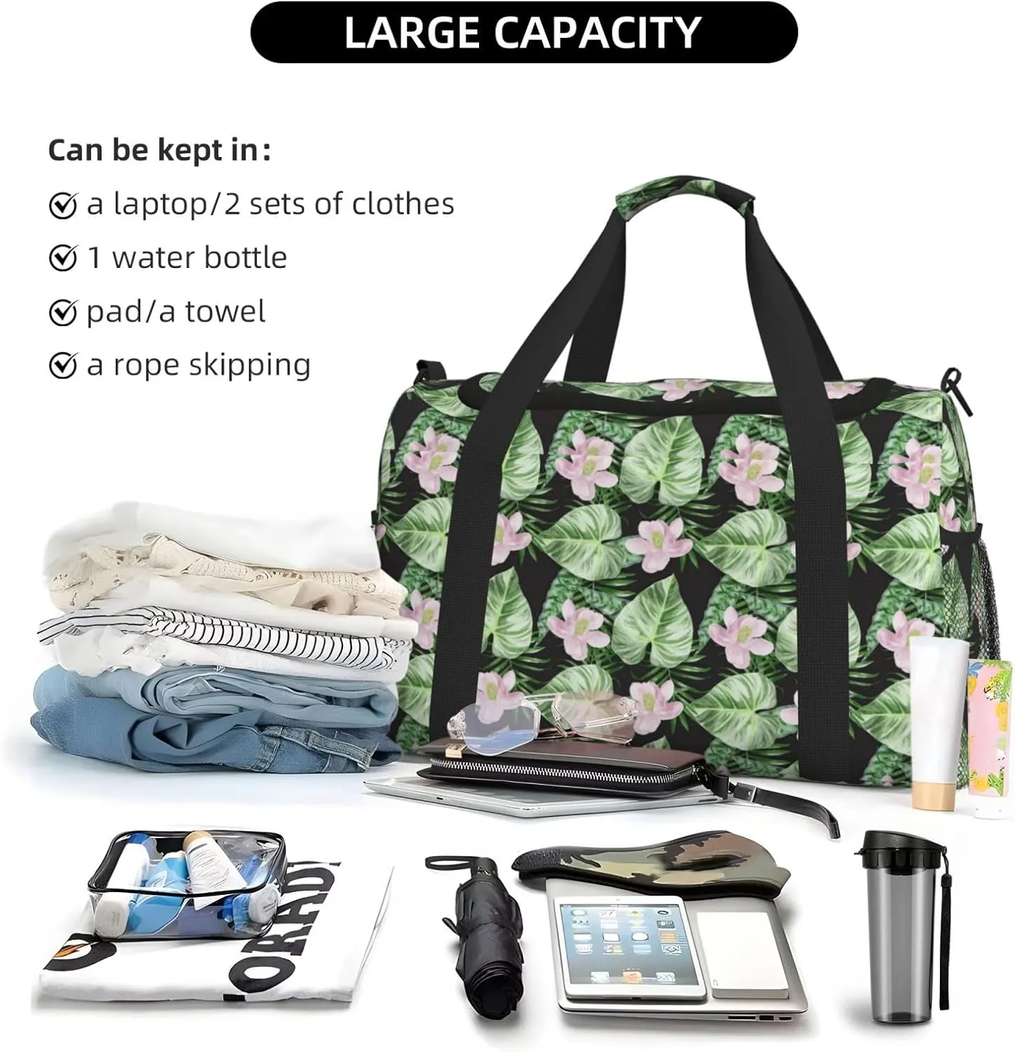 Watercolor Green Tropical Palm Leaves Summer Flowers Travel Weekender Overnight Bags Foldable Hand Travel Bag Sport Gym Duffel Bag For Men Women
