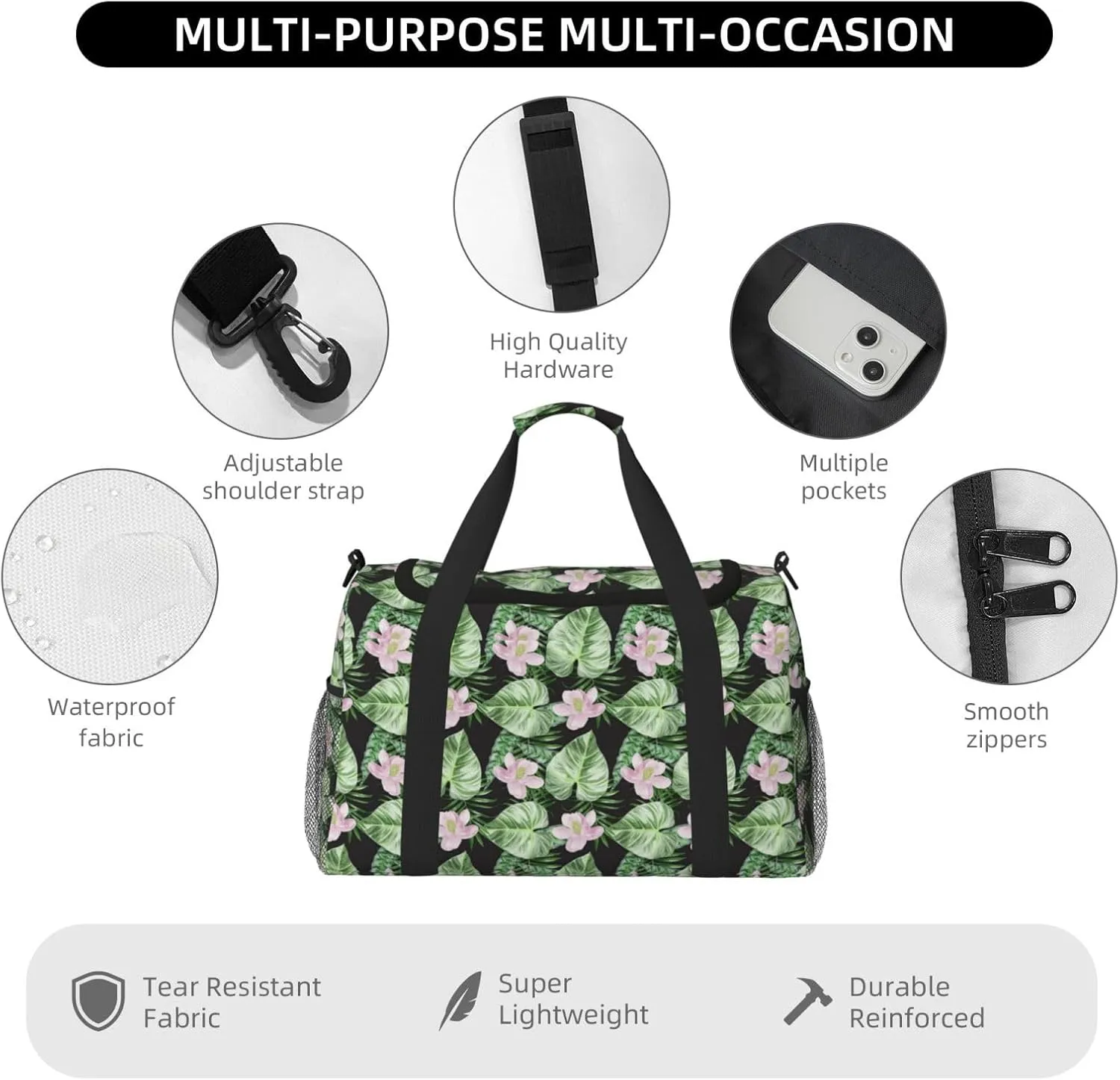 Watercolor Green Tropical Palm Leaves Summer Flowers Travel Weekender Overnight Bags Foldable Hand Travel Bag Sport Gym Duffel Bag For Men Women