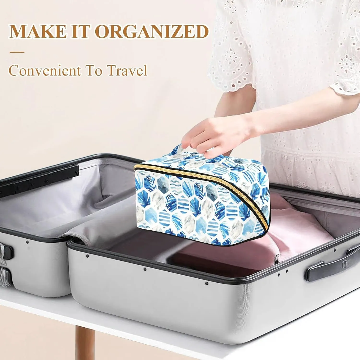 Watercolor Hexagon Palm Leaves Large Capacity Cosmetic Bag Travel Makeup Bags with Large Opening and Handle Twill Cosmetic Organizer for Women