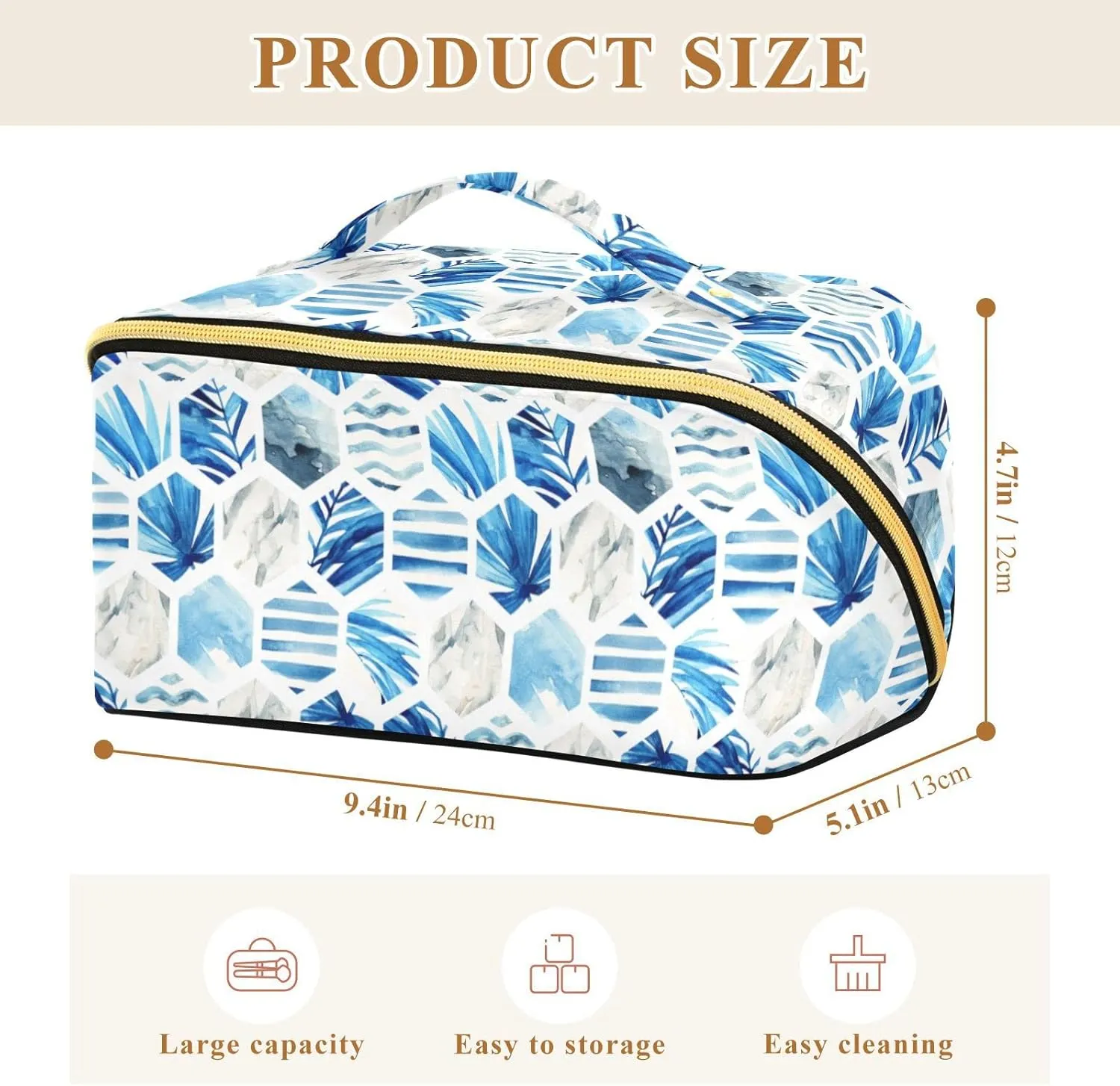 Watercolor Hexagon Palm Leaves Large Capacity Cosmetic Bag Travel Makeup Bags with Large Opening and Handle Twill Cosmetic Organizer for Women