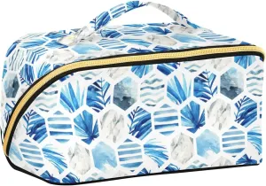 Watercolor Hexagon Palm Leaves Large Capacity Cosmetic Bag Travel Makeup Bags with Large Opening and Handle Twill Cosmetic Organizer for Women