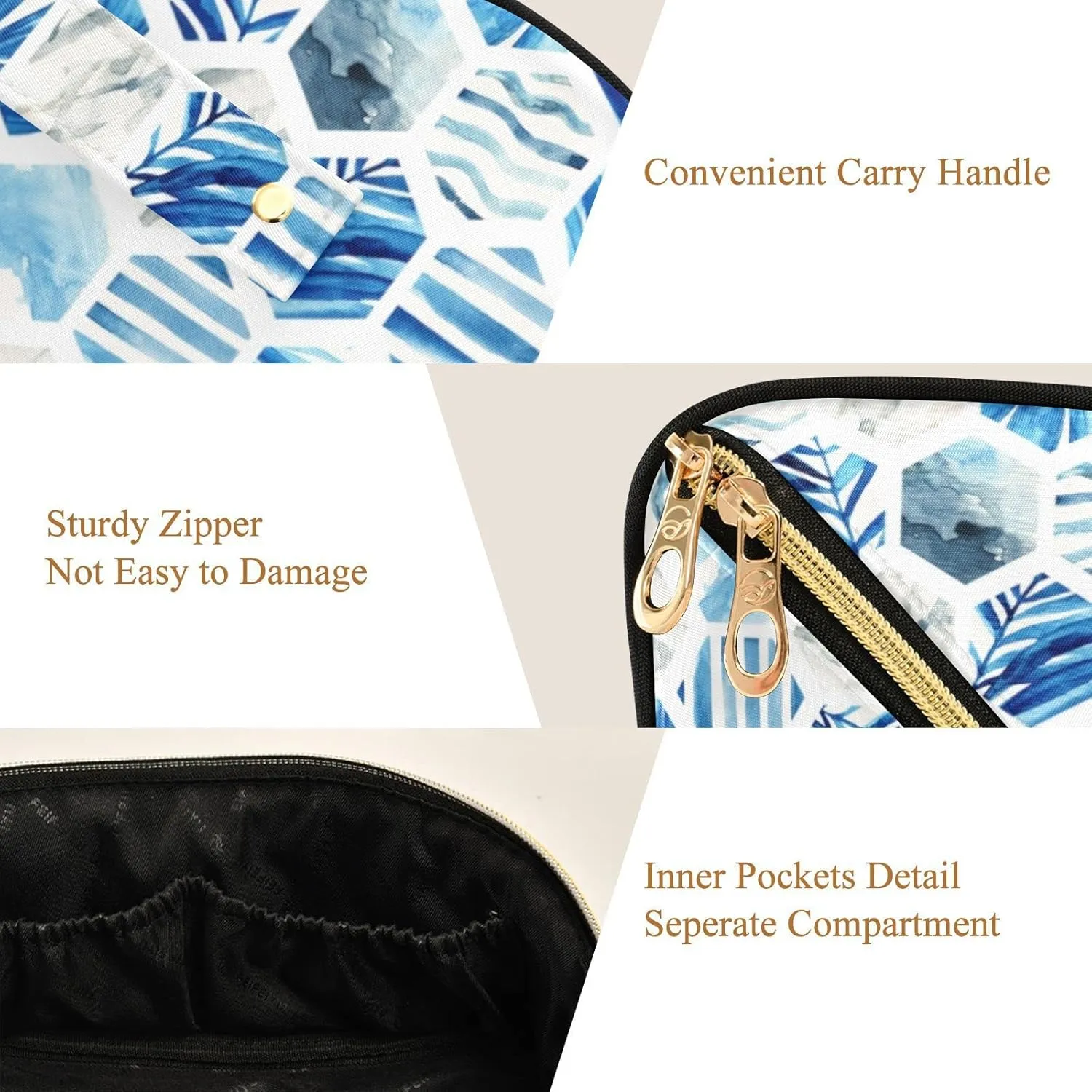 Watercolor Hexagon Palm Leaves Large Capacity Cosmetic Bag Travel Makeup Bags with Large Opening and Handle Twill Cosmetic Organizer for Women