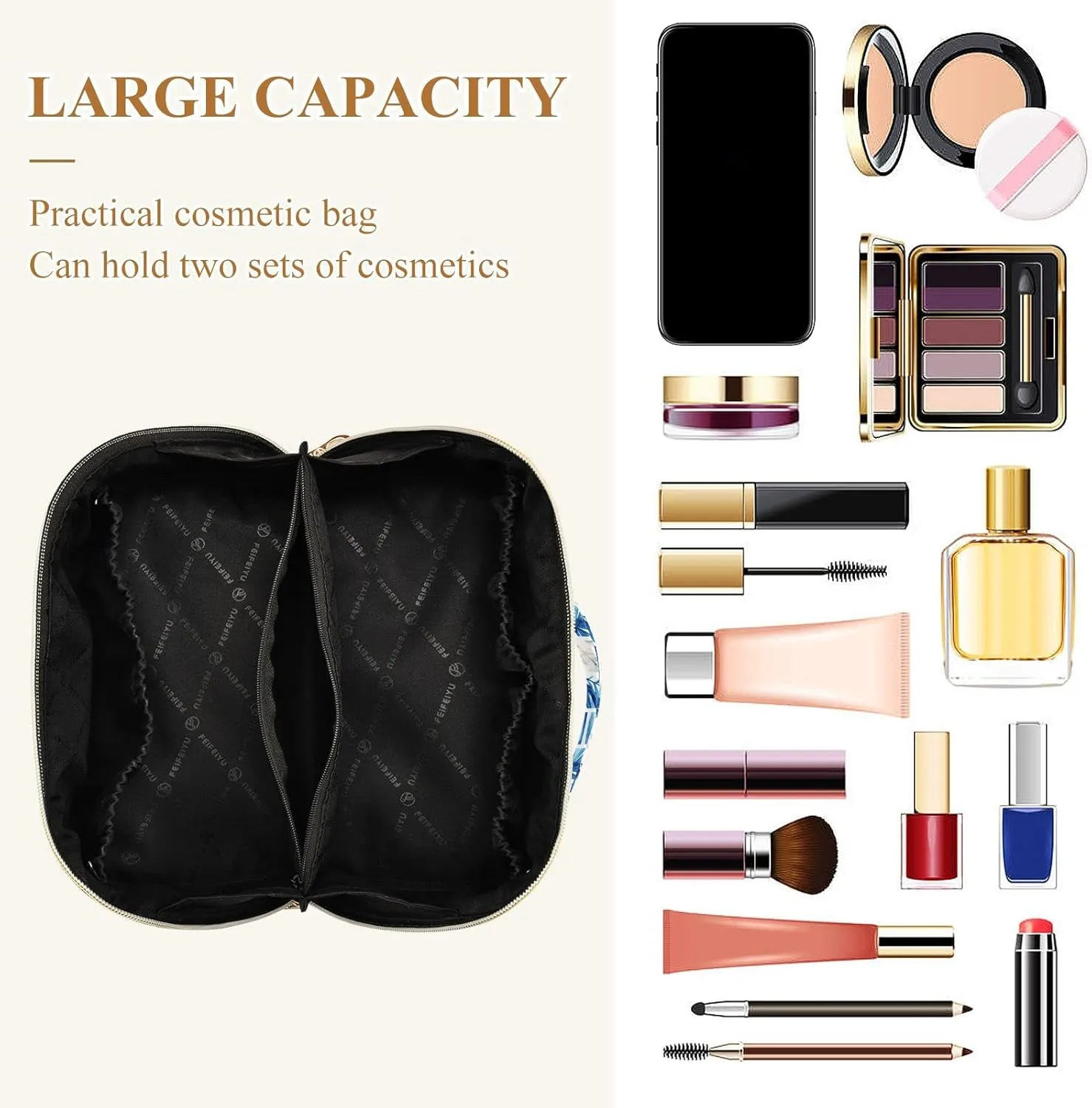 Watercolor Hexagon Palm Leaves Large Capacity Cosmetic Bag Travel Makeup Bags with Large Opening and Handle Twill Cosmetic Organizer for Women