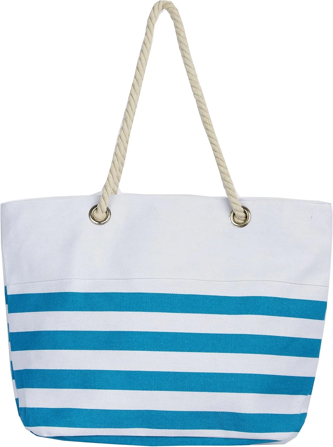 Waterproof Canvas Rope Handle Beach Tote Bag (Anchor Aqua Stripe)