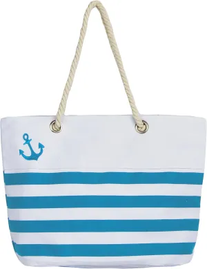 Waterproof Canvas Rope Handle Beach Tote Bag (Anchor Aqua Stripe)