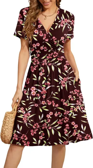 WEACZZY Women's Summer Short Sleeve Casual Dresses V-Neck Floral Party Dress with Pockets