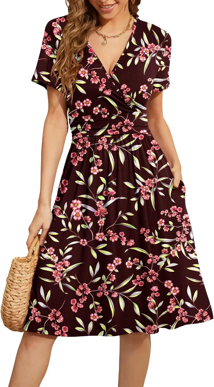 WEACZZY Women's Summer Short Sleeve Casual Dresses V-Neck Floral Party Dress with Pockets