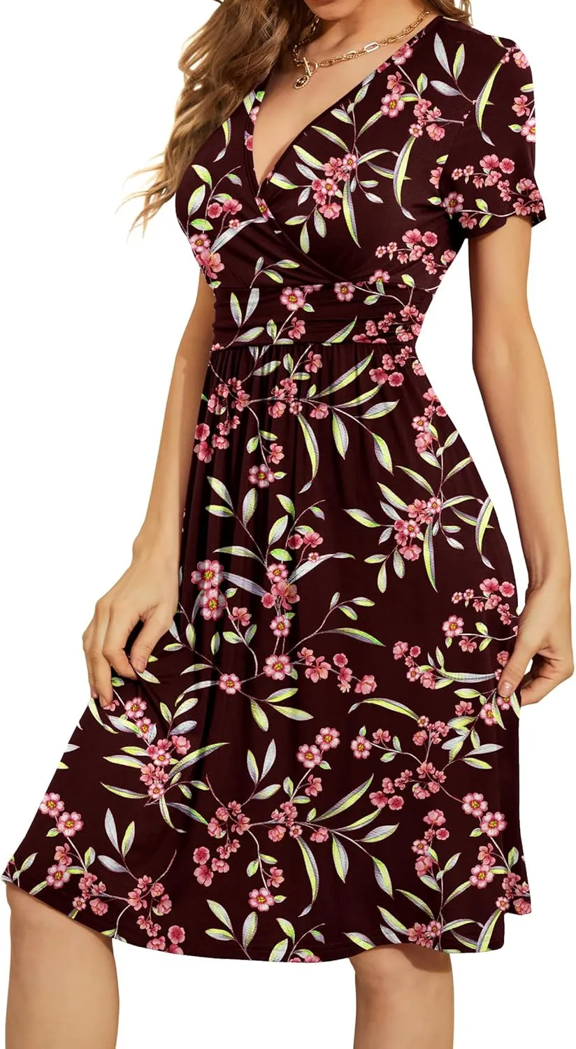 WEACZZY Women's Summer Short Sleeve Casual Dresses V-Neck Floral Party Dress with Pockets