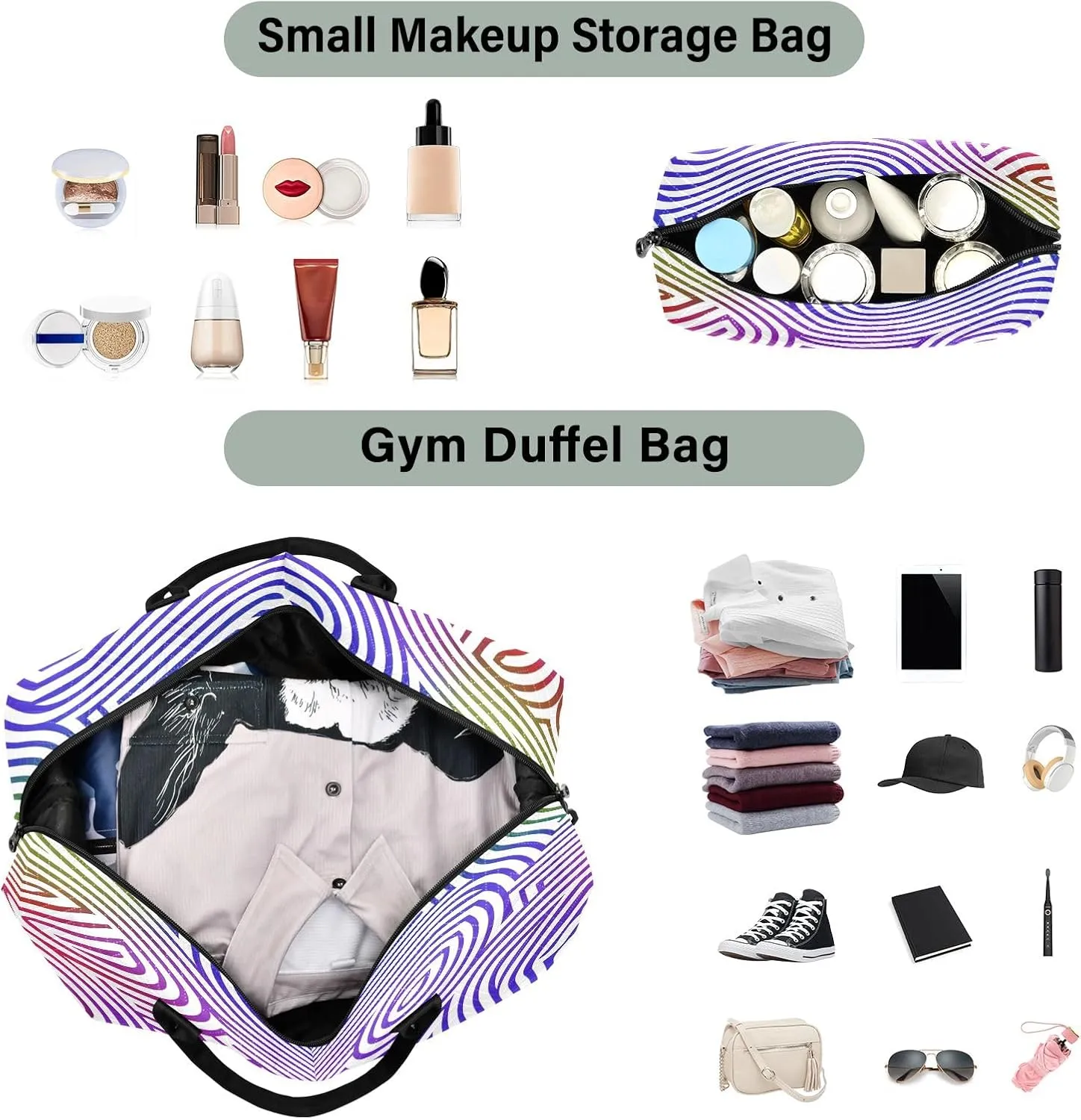 Weekender Bags Travel Duffel Gym Bag Cute Bear Seamless Pattern Carry on Overnight Tote Bag with Toiletry Bag for Airplane Travel Trip Gym Yoga (Multicolor Wavy Lines Pattern)