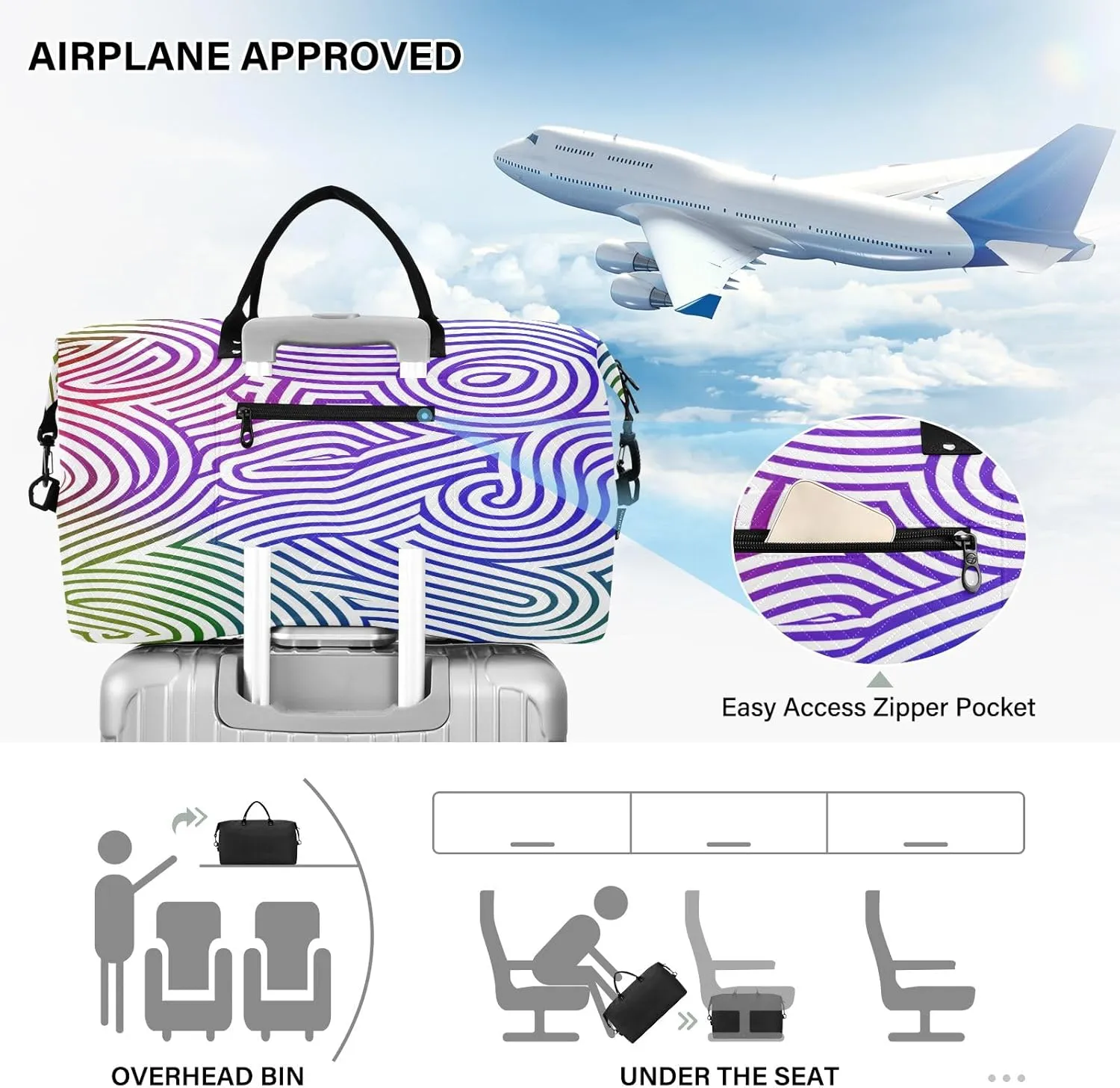 Weekender Bags Travel Duffel Gym Bag Cute Bear Seamless Pattern Carry on Overnight Tote Bag with Toiletry Bag for Airplane Travel Trip Gym Yoga (Multicolor Wavy Lines Pattern)