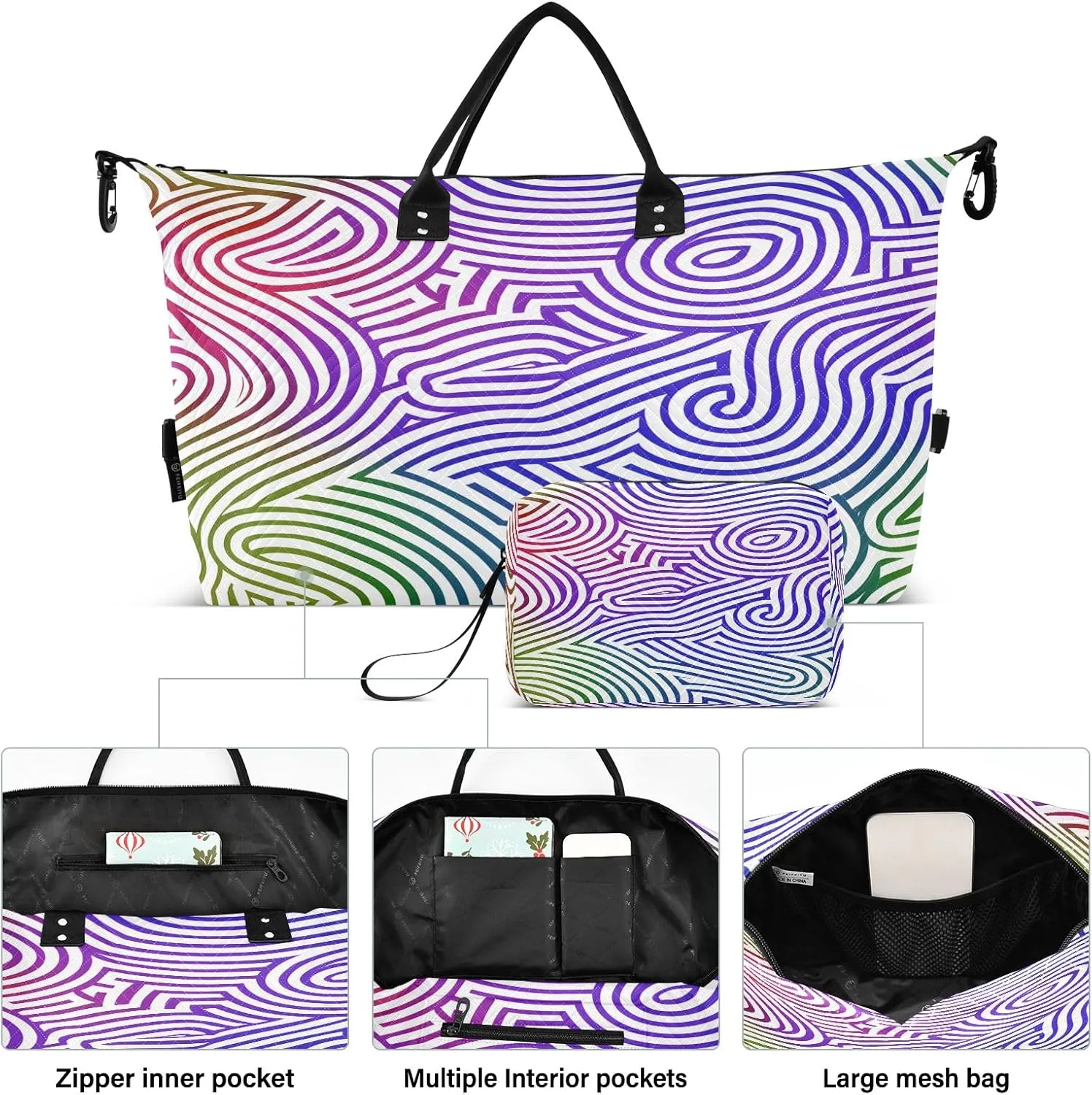 Weekender Bags Travel Duffel Gym Bag Cute Bear Seamless Pattern Carry on Overnight Tote Bag with Toiletry Bag for Airplane Travel Trip Gym Yoga (Multicolor Wavy Lines Pattern)