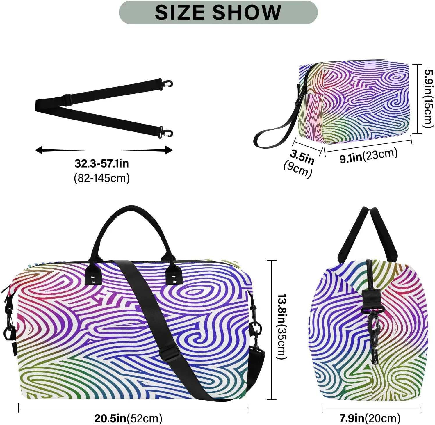 Weekender Bags Travel Duffel Gym Bag Cute Bear Seamless Pattern Carry on Overnight Tote Bag with Toiletry Bag for Airplane Travel Trip Gym Yoga (Multicolor Wavy Lines Pattern)