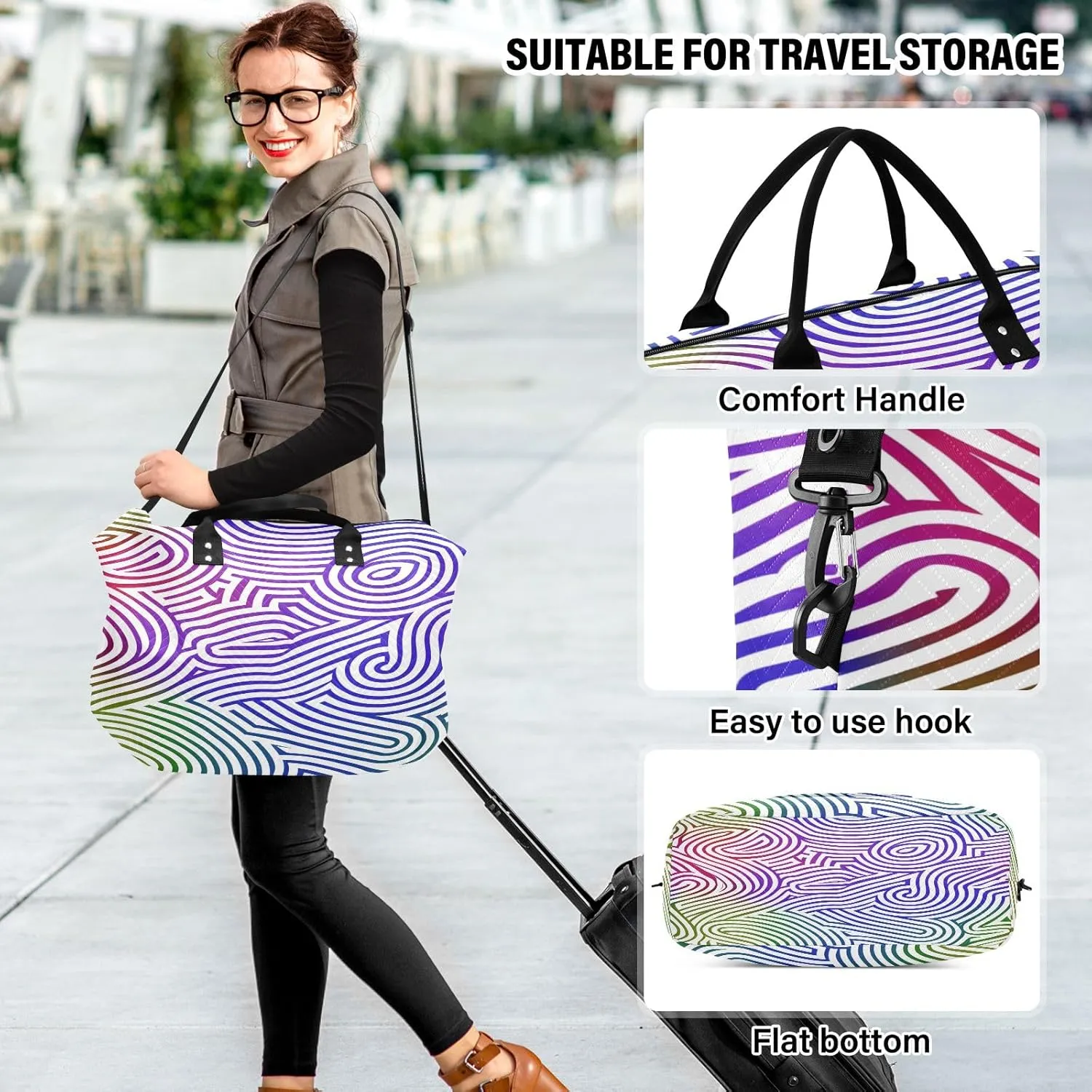 Weekender Bags Travel Duffel Gym Bag Cute Bear Seamless Pattern Carry on Overnight Tote Bag with Toiletry Bag for Airplane Travel Trip Gym Yoga (Multicolor Wavy Lines Pattern)
