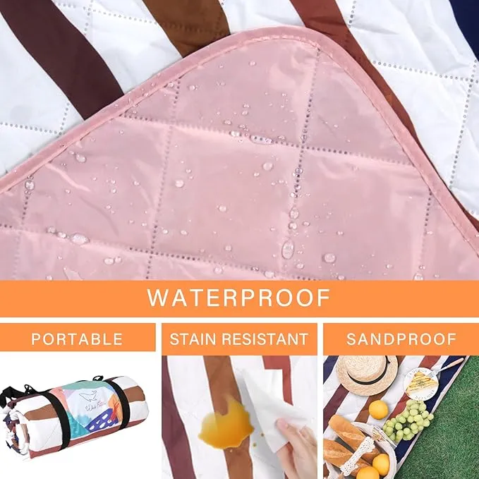 Whale Flotilla Extra Large Outdoor Picnic Blanket (60”x80”), Soft Waterproof Beach Blanket, Foldable Handy Mat Tote Spring Summer Great for Camping and Park, Navy Blue