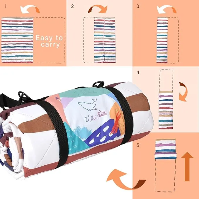 Whale Flotilla Extra Large Outdoor Picnic Blanket (60”x80”), Soft Waterproof Beach Blanket, Foldable Handy Mat Tote Spring Summer Great for Camping and Park, Navy Blue