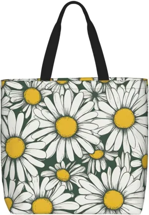 White Daisy Print Women Reuseable Handbag, Grocery Bag Foldable For Shopping Travel Activity