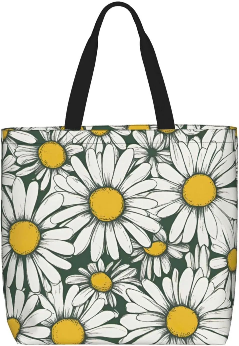 White Daisy Print Women Reuseable Handbag, Grocery Bag Foldable For Shopping Travel Activity