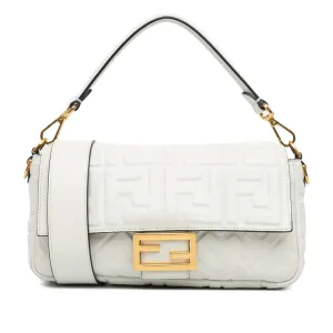 White Fendi Zucca Embossed Leather Baguette Satchel