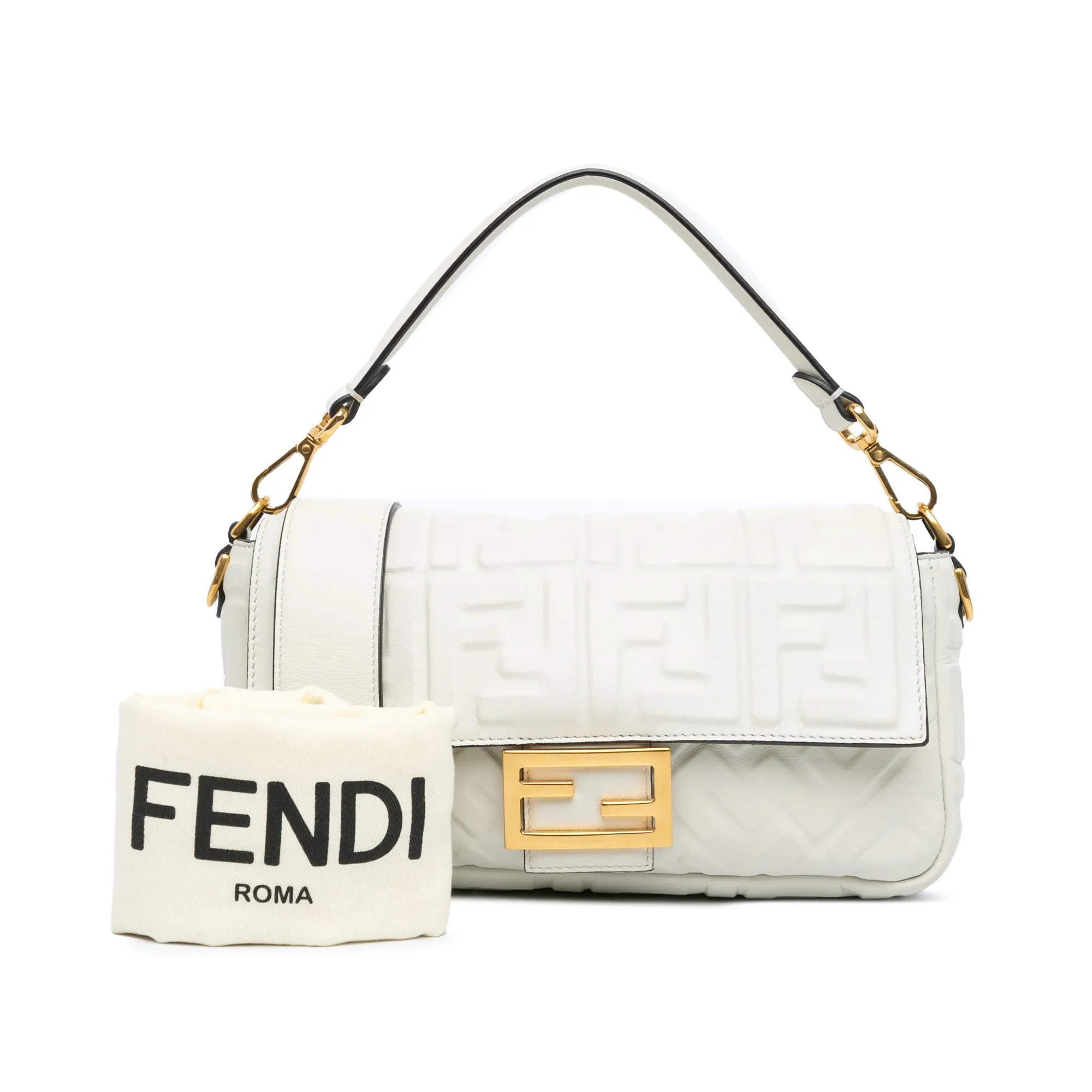 White Fendi Zucca Embossed Leather Baguette Satchel