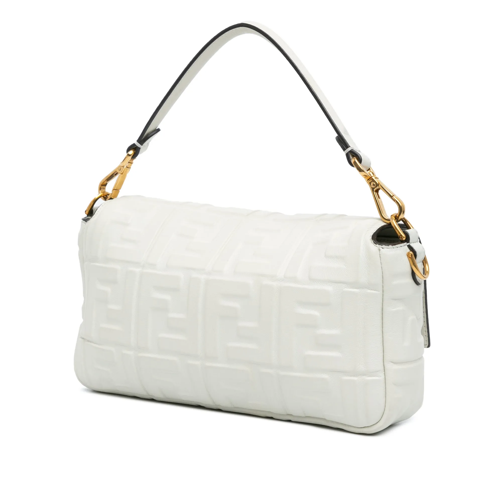 White Fendi Zucca Embossed Leather Baguette Satchel