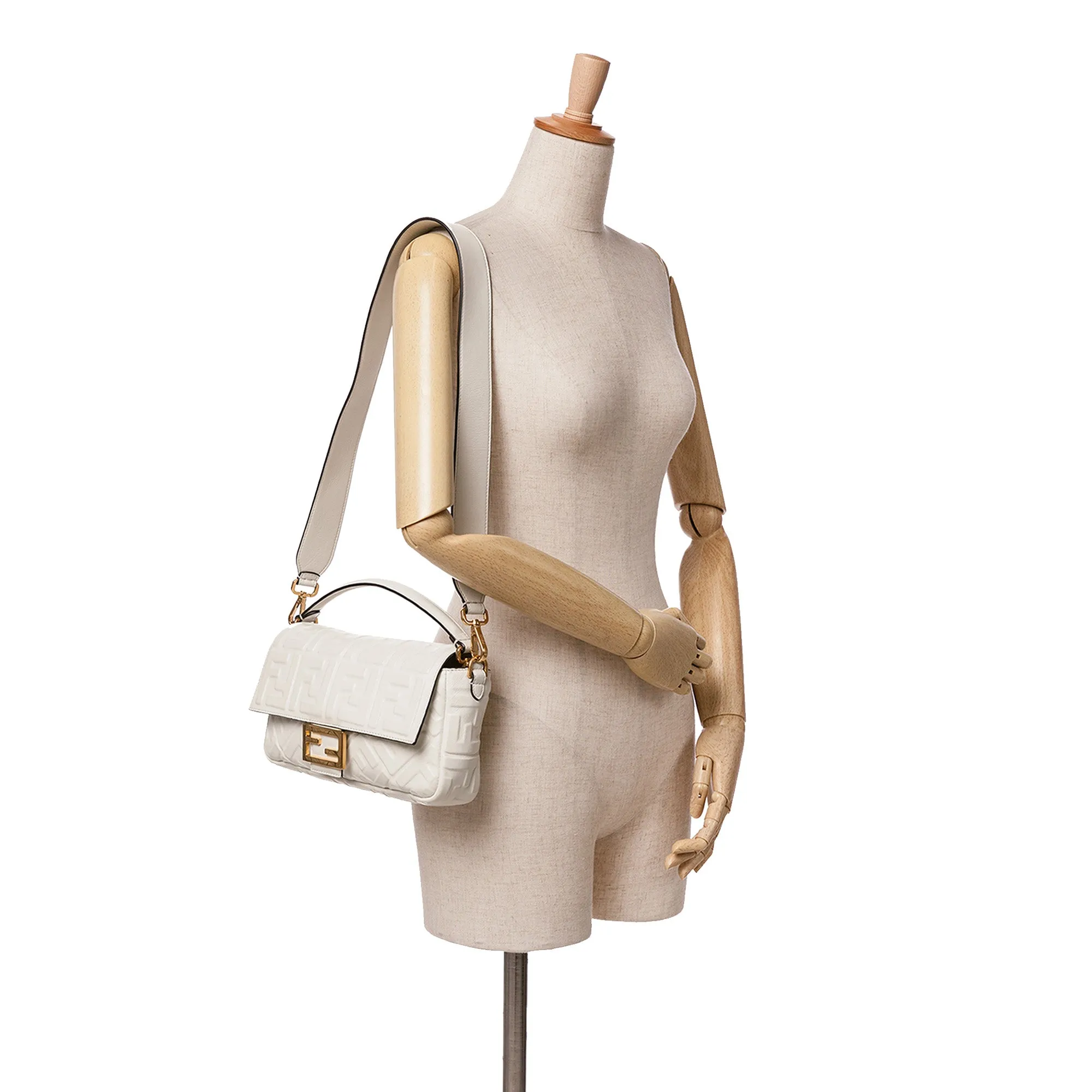 White Fendi Zucca Embossed Leather Baguette Satchel
