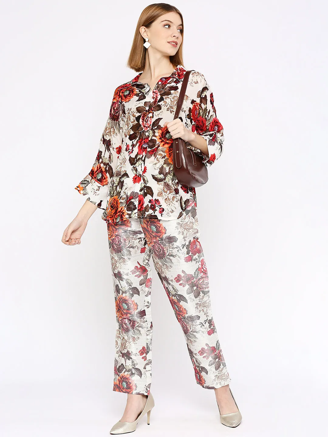 White Multicolored Floral Printed Co-Ord Set With Brocade Pant