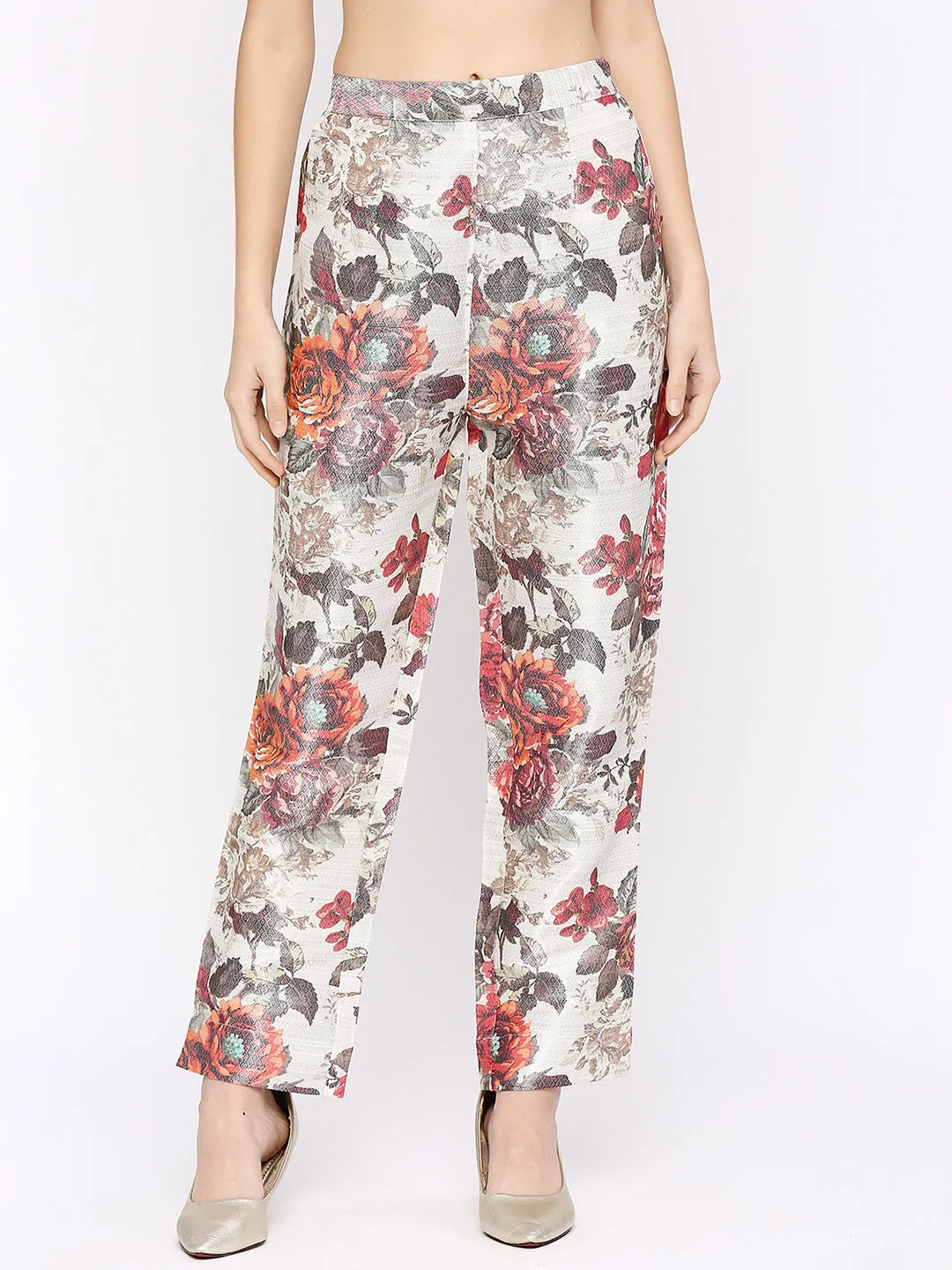 White Multicolored Floral Printed Co-Ord Set With Brocade Pant