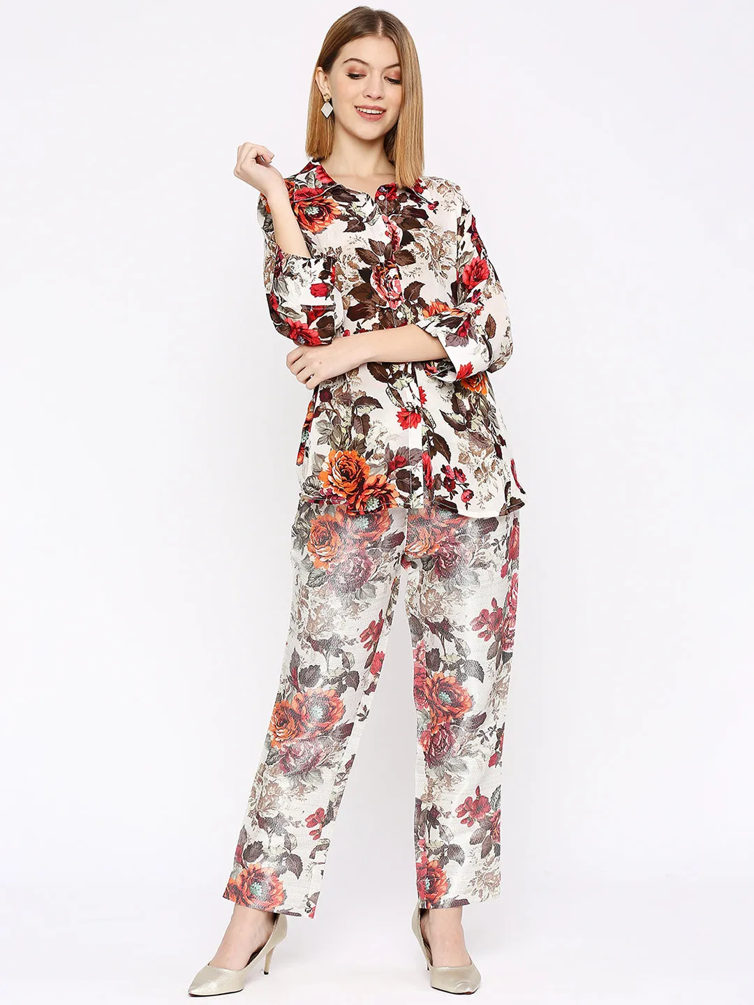 White Multicolored Floral Printed Co-Ord Set With Brocade Pant