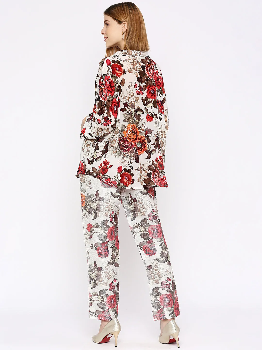 White Multicolored Floral Printed Co-Ord Set With Brocade Pant