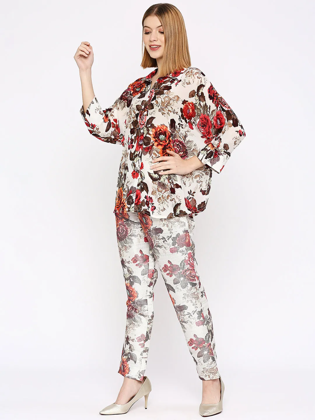 White Multicolored Floral Printed Co-Ord Set With Brocade Pant