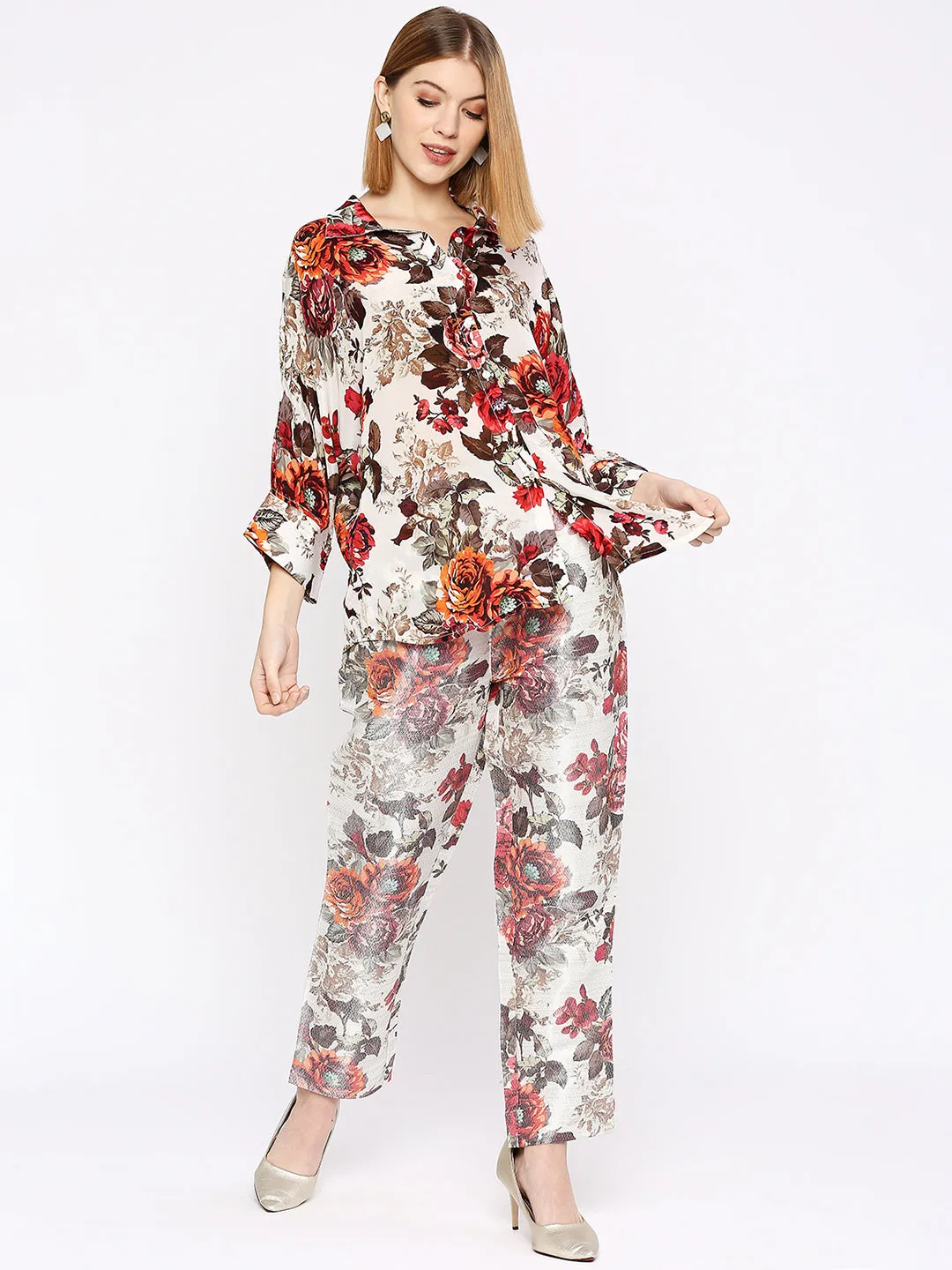 White Multicolored Floral Printed Co-Ord Set With Brocade Pant