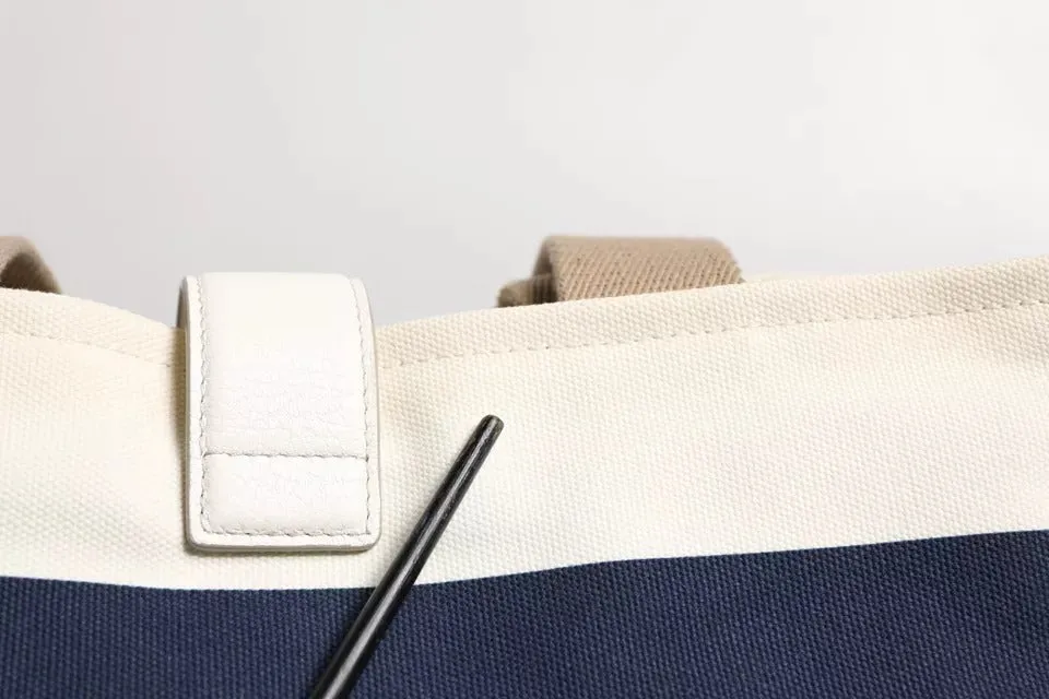 White Navy Striped Canvas Top Handle Tote Tote Bag